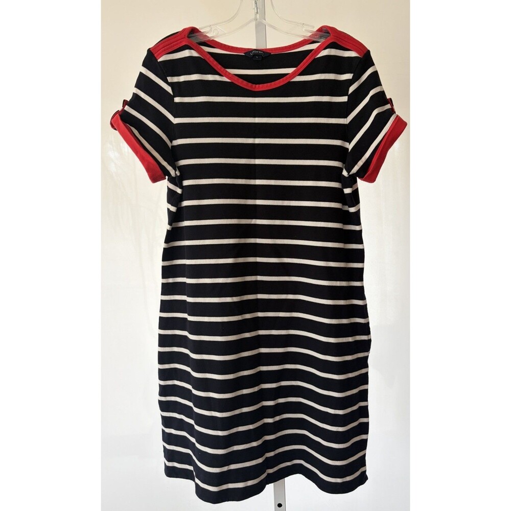 Lands End Striped Dress Round Neck Short Sleeve Navy White Summer Casual L